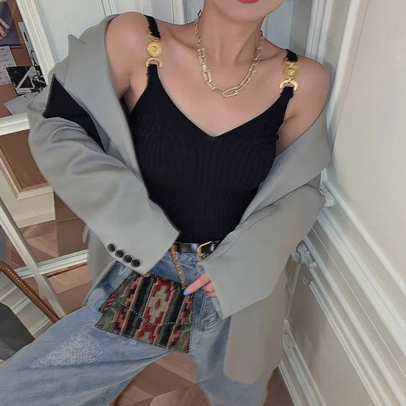 Combhasaki Women's Y2K Tank Tops Rib Knit V-Neck Metal Chain Sling Design Slim Fit Breathable Versatile Streetwear Sweater Vest