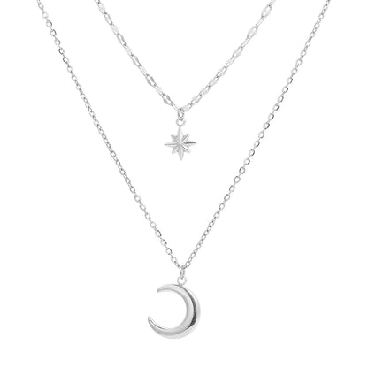DOTIFI Stainless Steel Eight-Pointed Star Moon Pendant Double-Layer Necklace Women's Fashion Minimalist Commuter Chain Jewelry - Kimlud