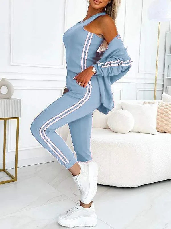 Autumn Three-Piece Set Women's Suit Striped Tape Patch Buttoned Jacket + Tank Top + Pants Sets Lady Sportswear Casual...