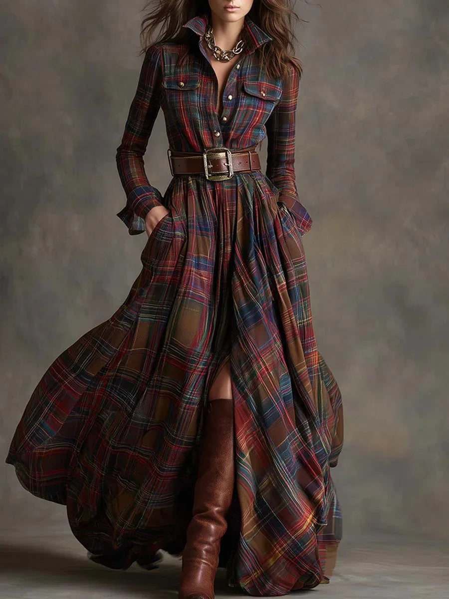 Leisure Grid Printed Long Sleeve Shirts Dress Autumn New Long Sleeve Pocket Dress Elegant Ladies Loose Pleated Commute Dresses