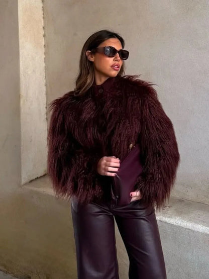HH Women's New Faux Fur Effect Knitted Crew Neck Jacket Female Winter Elegant Temperament Single-Breasted Long Sleeve Coat