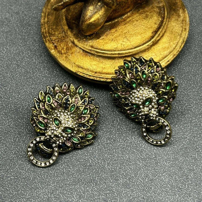 Medieval Vintage Palace Retro Full Inlaid Lion Head Heavy Multi-layer Tassel Necklace Earrings Set