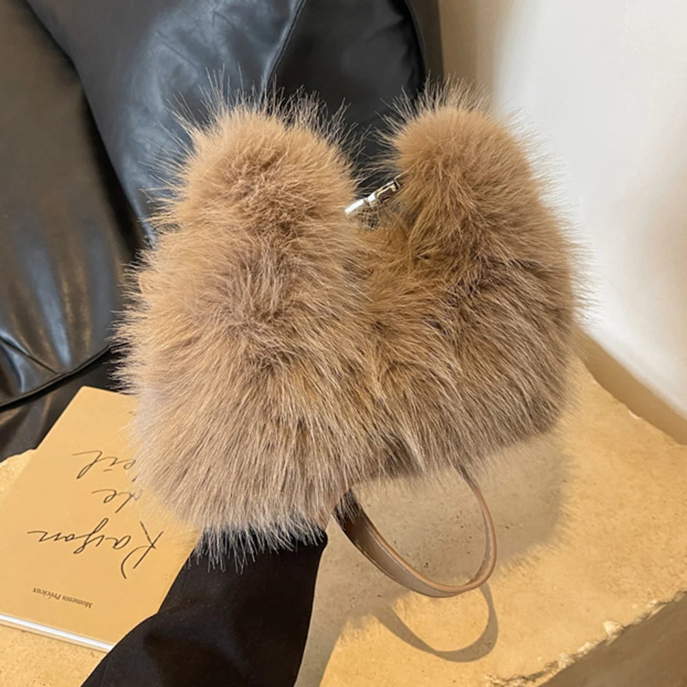 Women Faux Fur Shoulder Bag Adjustable Strap Fluffy Crossbody Bag Solid Color Handbag Hobo Bag for Travel Party