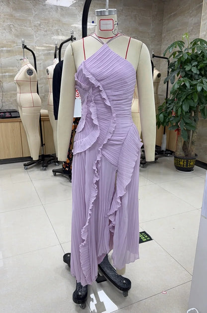 Elegant Women Ruffle Pleated Long Dress Fashion Sleeveless Halter Irregular Tiered Pleated Flowy Maxi Dresses for...