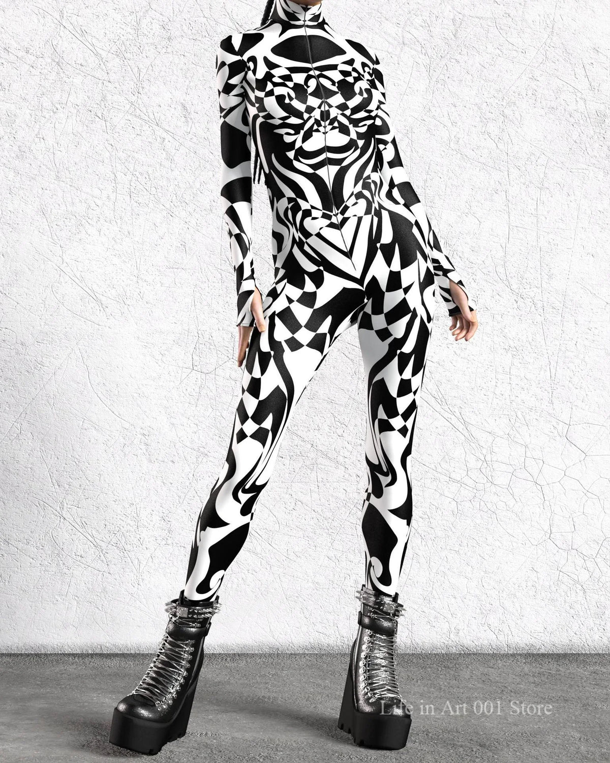 Black and White Pattern Zentai Suit Halloween Cosplay Morphsuit Women Rave Bodysuits Jumpsuits Tights Carnival Party Masquerade