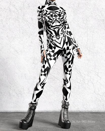 Black and White Pattern Zentai Suit Halloween Cosplay Morphsuit Women Rave Bodysuits Jumpsuits Tights Carnival Party Masquerade