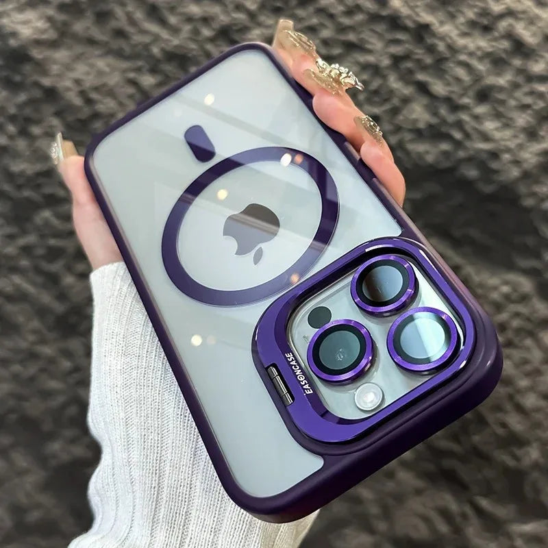 Luxury Magnetic Shockproof Phone Case For iPhone 15 14 13 12 11 16 17 Pro Max Plus 16E Funda Stand Glass Lens Protection Cover