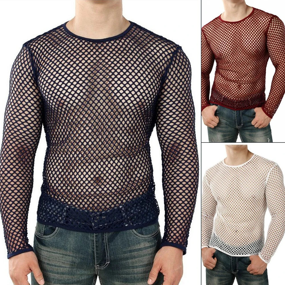 Men Transparent Sexy Mesh T Shirt 2024 New See Through Fishnet Long Sleeve Muscle Undershirts Nightclub Party Perform...