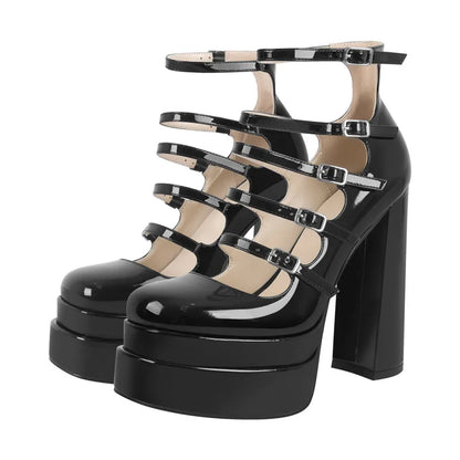 Onlymaker Women Buckle Strap Platform Pumps Black Patent Leather Cross-tied Square Toe Fashion Party Thick High Summer...