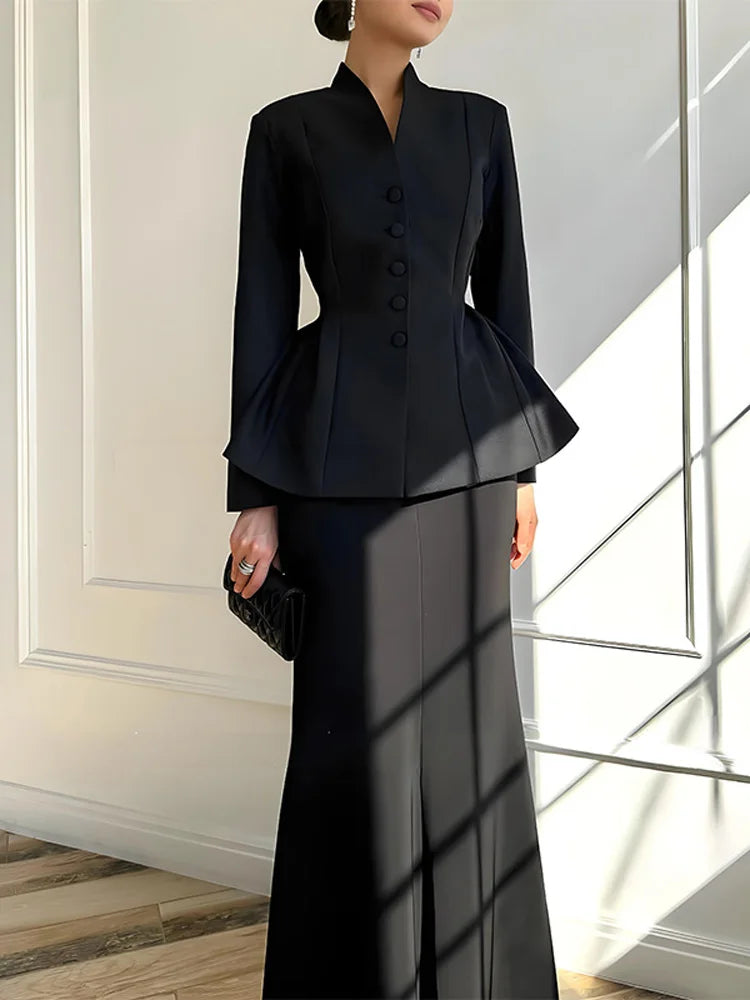 Solid Stand Collar Women Blazer Set Hip Package Slim Lady Long Skirts Sets 2025 Elegant Office Single-breasted Female Coat Suit