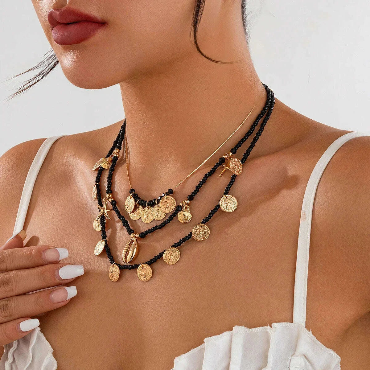 Ingemark 3Pcs/Set Boho Black Seed Beads Chain Necklace for Women Goth Starfish Conch Coin Pendant Choker Y2K Neck Jewelry Gift