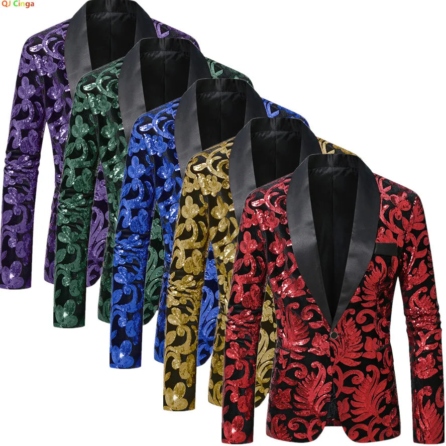 Shiny Sequin Embellished Single Button Stage Performance Outerwear in Blue Gold Green Purple Options for Men's Red Suit...