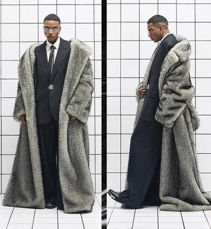 New men's fur coat, fox fur lapels, long trendy overcoat, winter windproof and warm trench coat, large size | Kimlud...