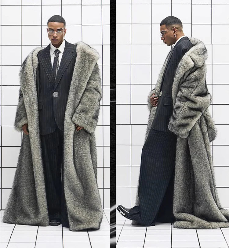 New men's fur coat, fox fur lapels, long trendy overcoat, winter windproof and warm trench coat, large size | Kimlud...