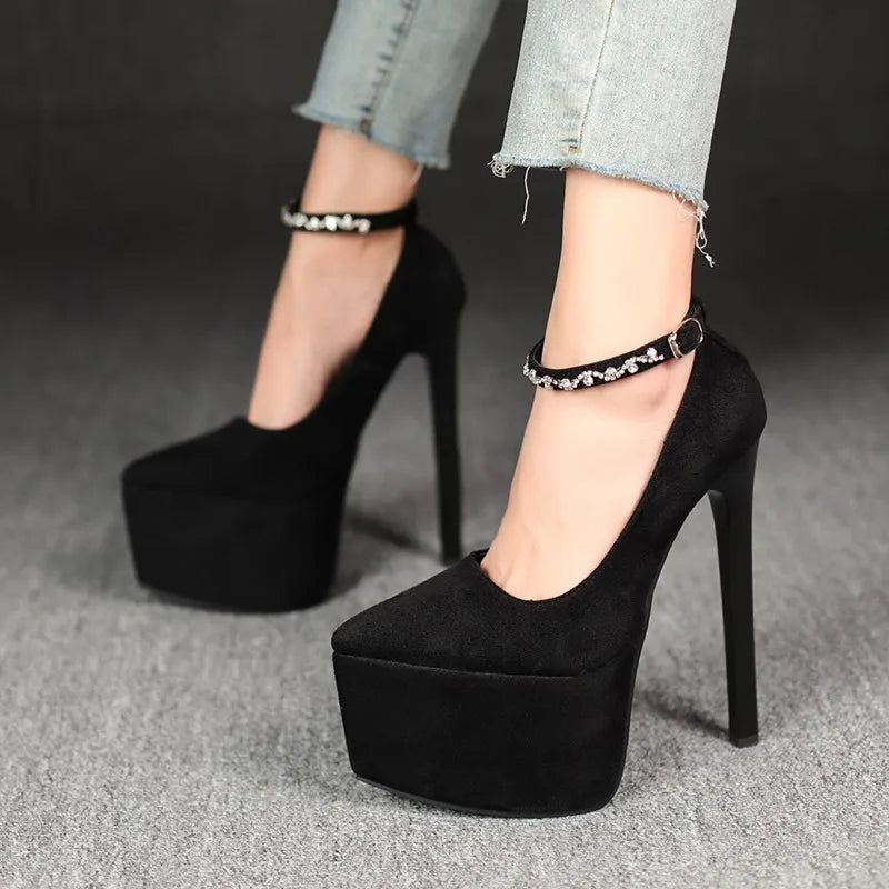 2026Stylish Rhinestone Straight Heel Single Shoes Stylish Pointed Toe Shallow Mouth Platform Heels | Kimlud Premium Shoes