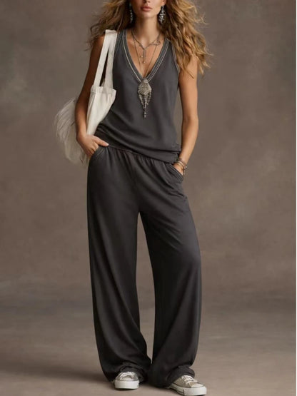 Retro Sleeveless V-neck Tank Top&Wide-leg Pants Set Casual Loose Fit 2pcs Outfit 2026 Solid Color Casual Sports Suit...