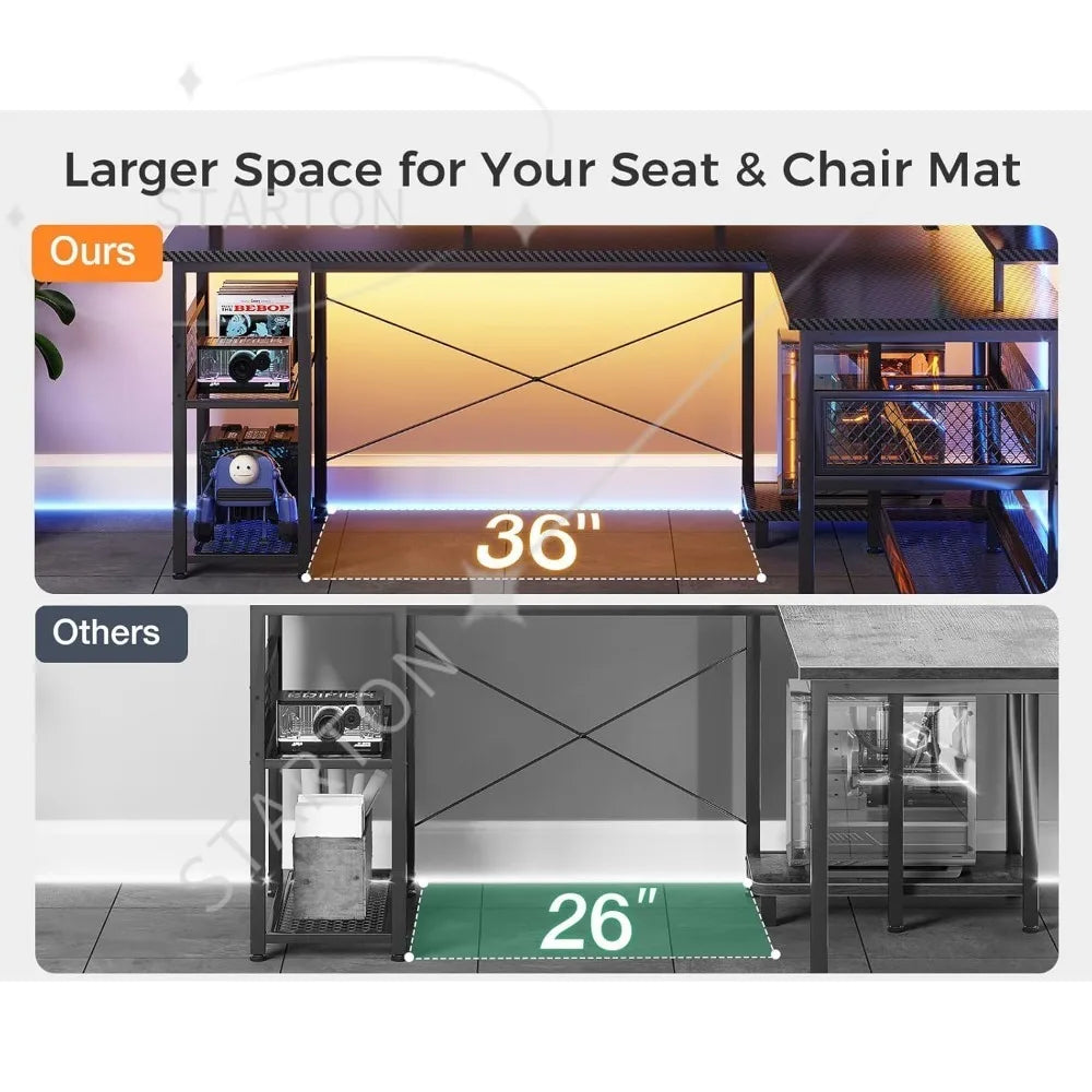 66" L Shaped Gaming Desk with Power Outlet and LED Lights, PC Gaming Table with Carbon Fiber Texture