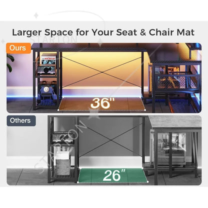 66" L Shaped Gaming Desk with Power Outlet and LED Lights, PC Gaming Table with Carbon Fiber Texture