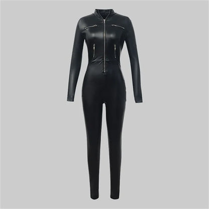 Oshoplive Women's Fashion Black Faux Leather Zipper Jumpsuit 2026 New Long Sleeves High Waist Bodycon Party Night Out Bodysuit