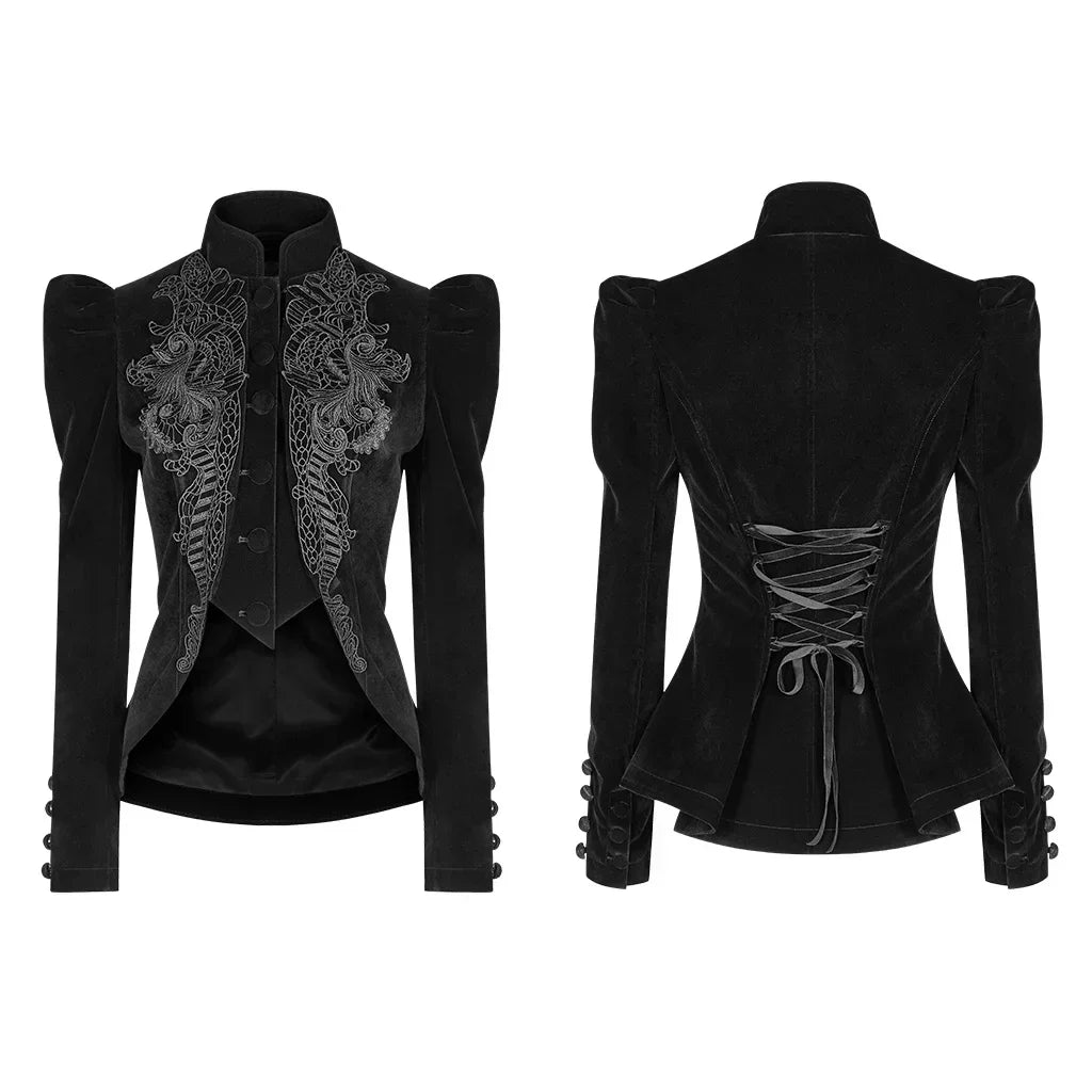 PUNK RAVE Women's Gothic Lolita Puff Long Sleeved Black Short Coat Party Club Halloween Jacket with Exquisite Lace Decoration