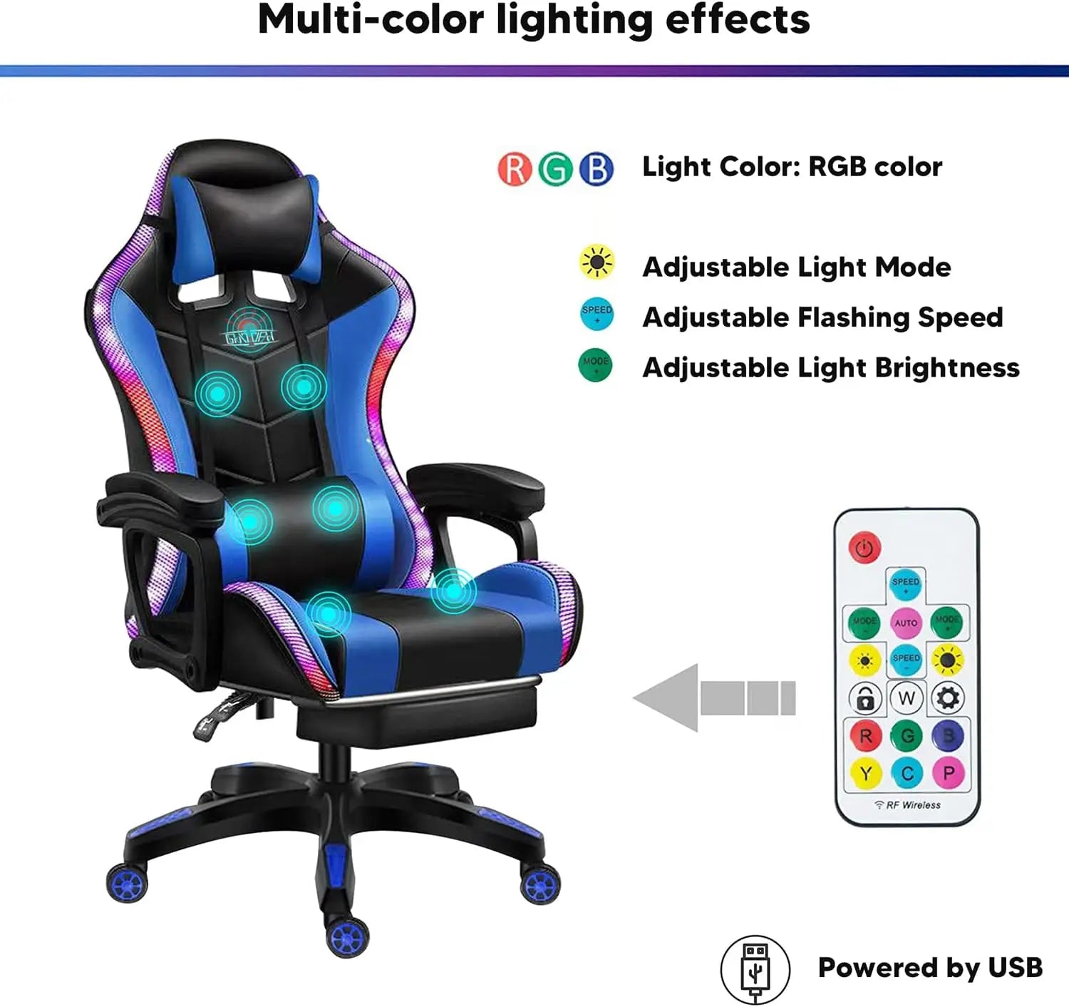 RGB Gaming Chair Ergonomic Massage High Back with Speakers And LED Light 90°-135° Adjustable PU Leather for Video Game E-Sport