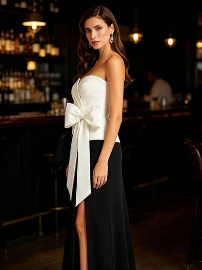 Sexy Strapless Black and White Patchwork Butterfly Bow Long Dress Women Sleeveless Ruched Split Slim Dresses Evening...