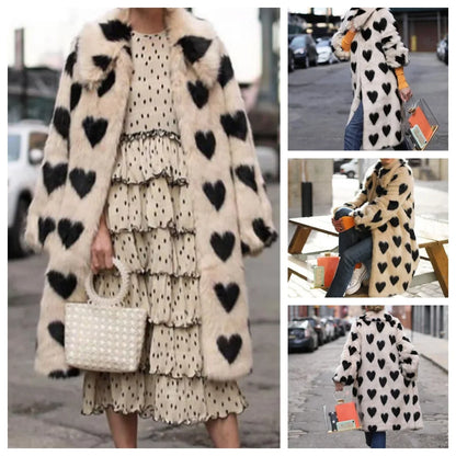 Winter Fashion Week Fashion Long Love Heart Pattern High Quality Faux Fox Fur Coat Women Jacket