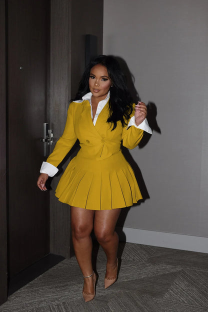 BWQ 2026 INS Women Fashion Pleated Mini Skirts Suit and Shirt Patchwork Long Sleeve Blazer Matching 2 Two Piece Set...