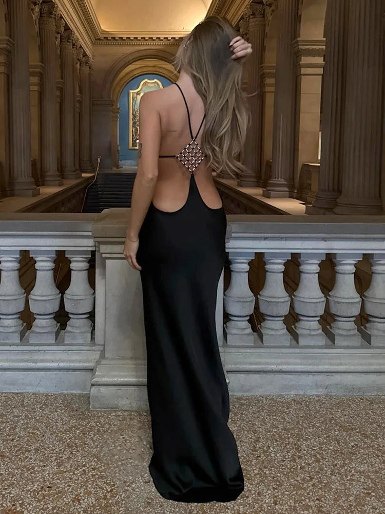Sexy Halter Neck Straps Backless Diamonds Buckle Long Dress Women Black Sleeveless Slim Elegant Celebrity Evening Party Gowns