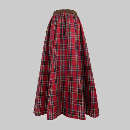 Women's Red Plaid High Waist Skirt with Belt/Lined 2026 New A-line Vintage Pockets Christmas Party Elegant Long Skirts 195448
