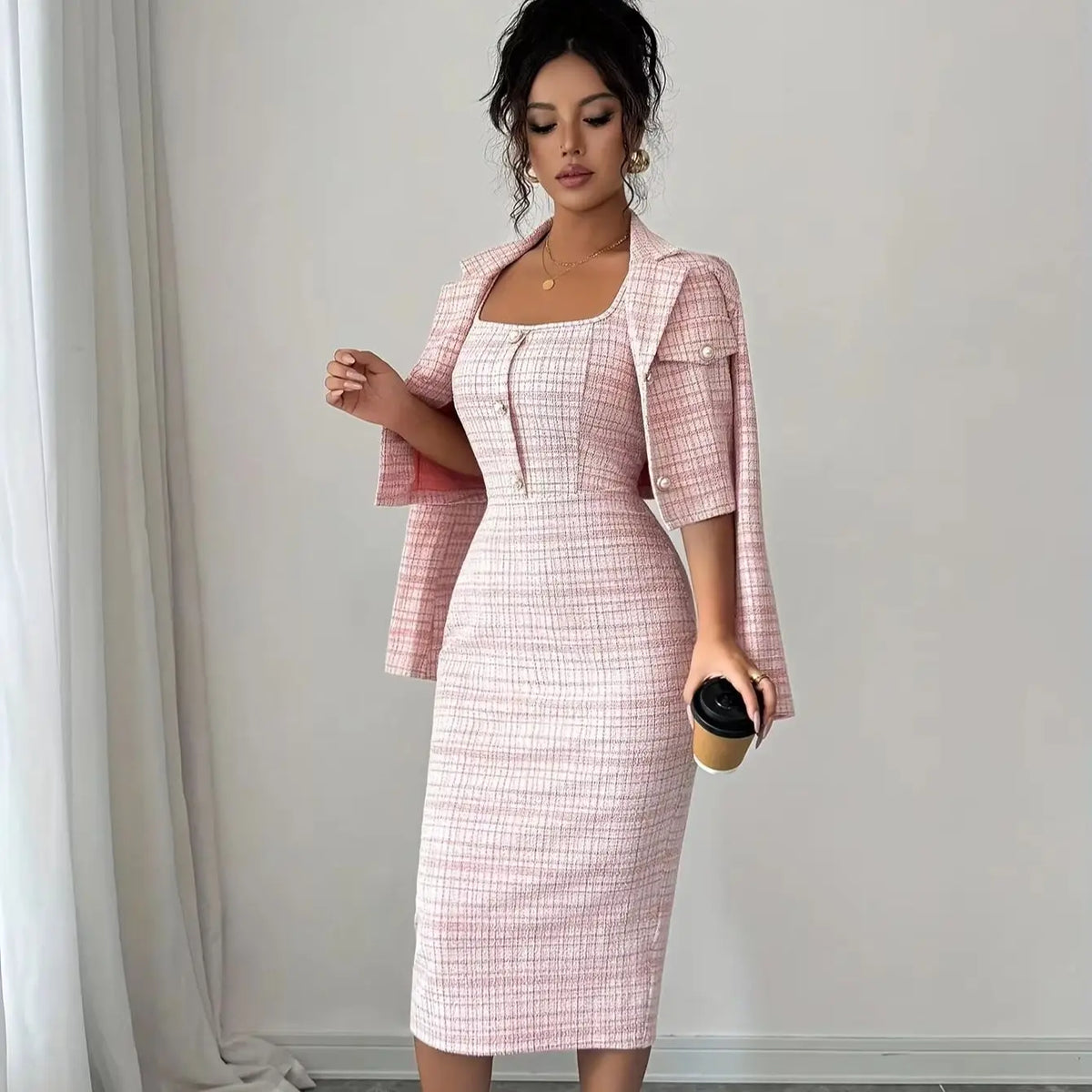 2026 European and American Two-Piece Dress Set with Reversible Collar, Long Sleeves, Short Length, Check Pattern Jacket, and Pet