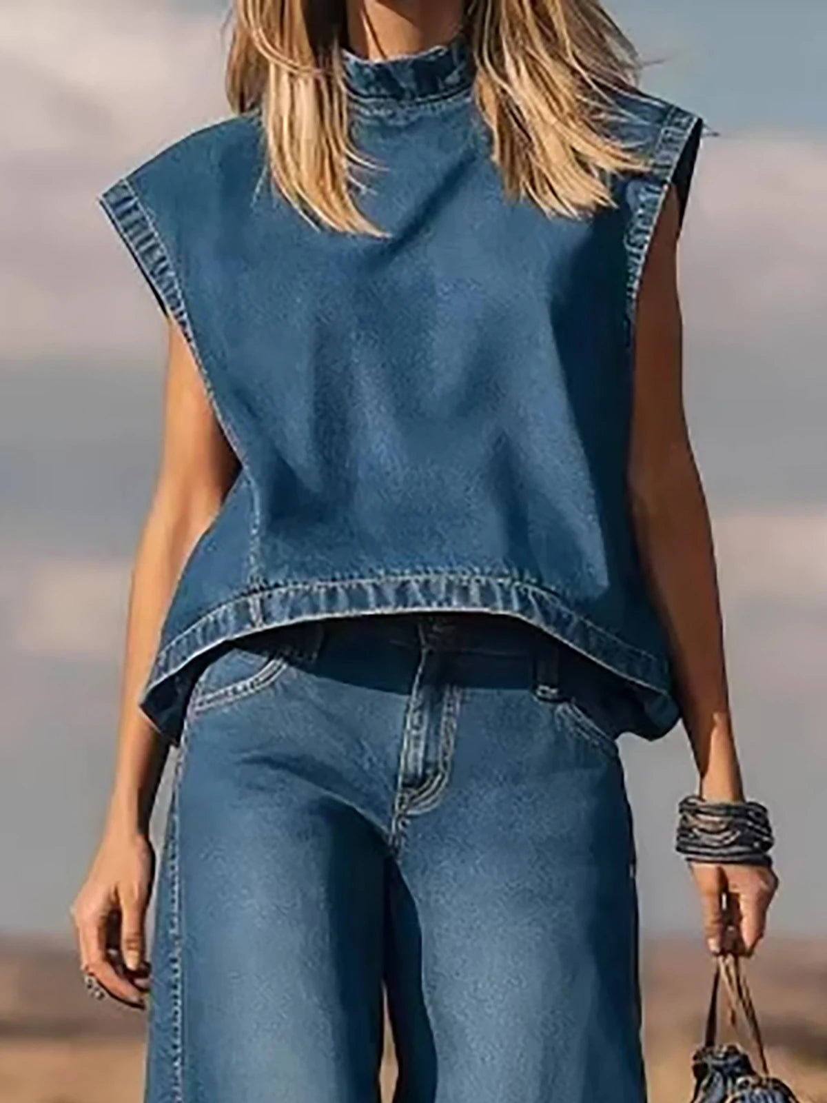 Women's Vintage Western Faux Suede Vest Top Two Piece Set Solid Crew Neck Sleeveless Loose T-Shirt With Wide Leg Pants...