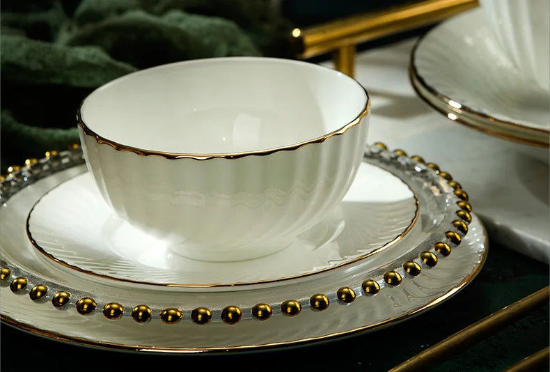Bowl and dish set bone china tableware set bowl Jingdezhen light luxury simple hand drawn gold ceramic bowl and chopsticks plate - Kimlud