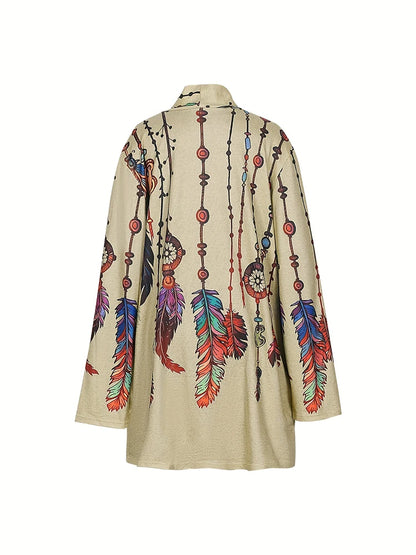 Plus Size 2024 Autumn New Women's Fashion Long Sleeve Retro Feather Print Jacket Cardigan Casual Loose
