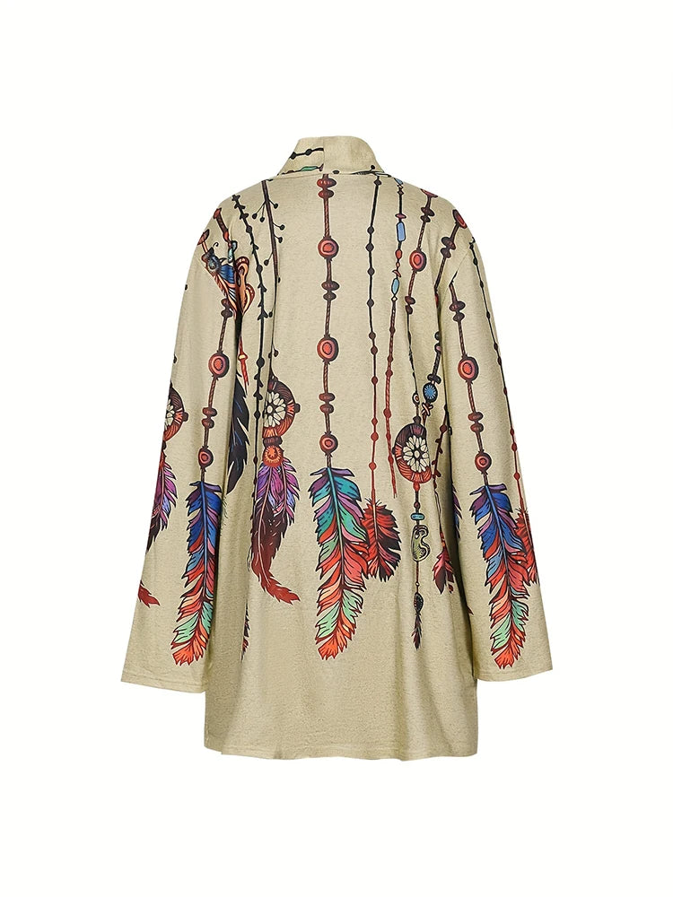 Plus Size 2024 Autumn New Women's Fashion Long Sleeve Retro Feather Print Jacket Cardigan Casual Loose