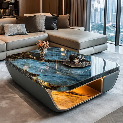 Luminous blue jadeite luxury stone coffee table elegant modern living room advanced design jade minimalist marble villa home - Kimlud