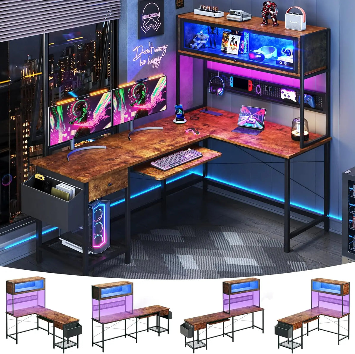 L Shaped Gaming Desk with Power Outlets & LED Lights, 49'' Reversible Computer Desk with Hutch & Pegboard & Display...