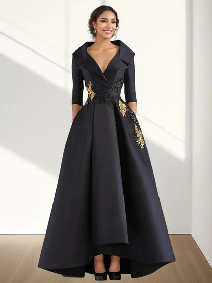 A-Line Evening Gown Vintage Elegant Dress Floor Length 3/4 Length Sleeve V Neck Satin with Beading Appliques 2024