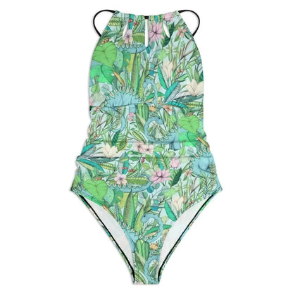 Botanical With Dinosaurs Swimsuit Dinosaur Quirky Soft Pastels Floral Swimwear Holiday Swimsuits Halter Bathing Suit |...