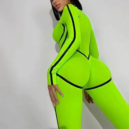 S-4XLWomen Sexy Zipper Jumpsuit Long Sleeve Bandage Tights Solid Bodysuit Female Party Bodycon Stretch Sporty Leisure - Kimlud