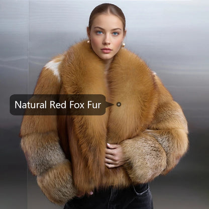 Real Red Fox Fluffy Women’s Jacket Short Cropped Fox Fur Jacket With Lapel Genuine Fur Outerwear Hot Selling Bolero Jacket