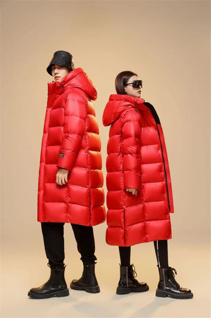 Top Grade Women Red 90%  White Goose Down  Thick（Winter) Warm  X-Long Jackets 2023 New Arrivals Female Hooded Down Parka