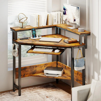 JHK Corner Desk Office Computer Desk for Small Space with LED Lights Gaming Table with Storage Shelves Power Outlets For Home