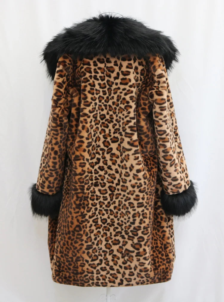 Women's leopard-print fur coat Long mink coat fox fur large fur collar winter trench coat loose and large size