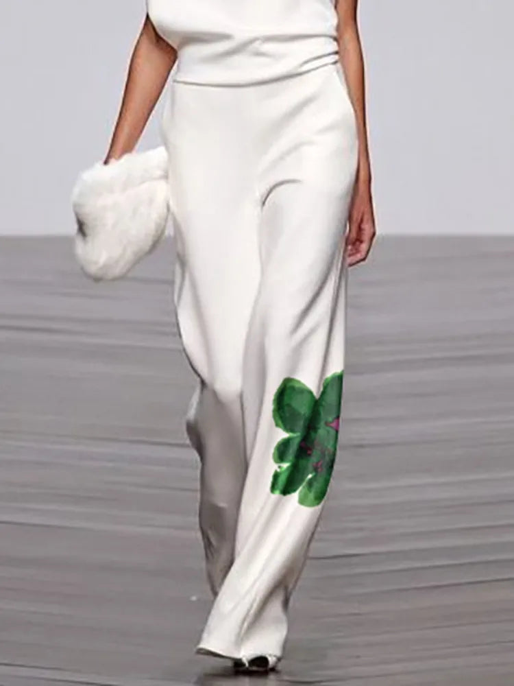 Yeezzi Women Floral Printed 2 Piece Sets High Neck One-shoulder Asymmetric Vest Tops & High Waisted Straight Leg Pants 2025 New - Kimlud