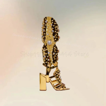 Crystal Flower Decor Gold Hollow Design Sandals Boots Knee High Women Shoes Chunky High Heels Fashion 2024 Zapatos Para Mujere