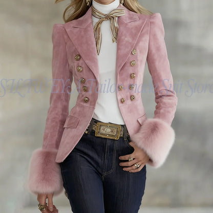 Ladies 1 Piece Suede Jacket Elegant Light Pink Female Blazer With Feather High Quality Smart Casual Stylish Coat Trajes De Mujer