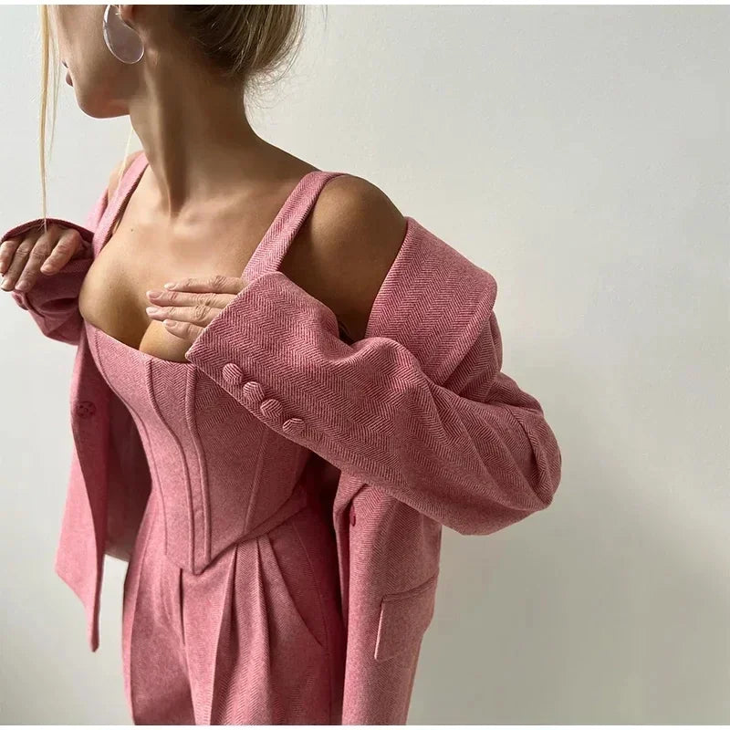 Temperament Fishbone Top Blazer Pants Sets 3 Pieces For Women Solid Jacket Crop Tops High Waist Pocket Pant Lady Office Set 2025