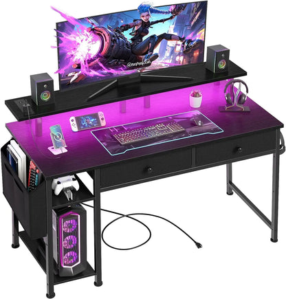 39-Inch Gaming Desk with Shelves, Drawers, Power Outlet & LED Lights for Teens and Adults