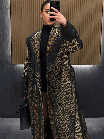 Sisterlind Hipster Coat Women Trench Fall Warm Lapel Neck Leopard Print Full Sleeve Coquette Street Adjustable Belt Lady Outwear